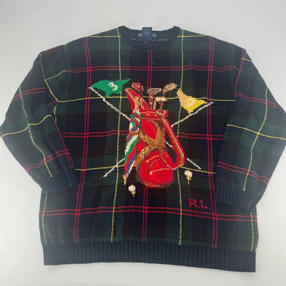 Ralph Lauren Mens Vintage Golf Bag Plaid Cotton Knit Sweater Black Watch Large